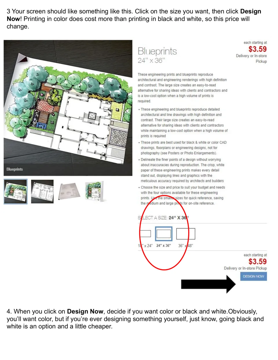 Engineer print directions, steps 3-4: pick a Blueprints size such as 24 x 36 inches, click Design Now, then color or B&W