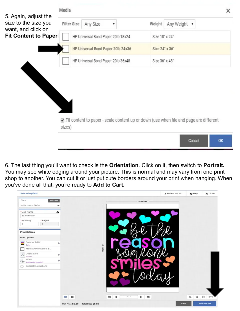 Engineer print directions, steps 5-6: pick paper size, check Fit Content to Paper, set Portrait orientation, add to cart
