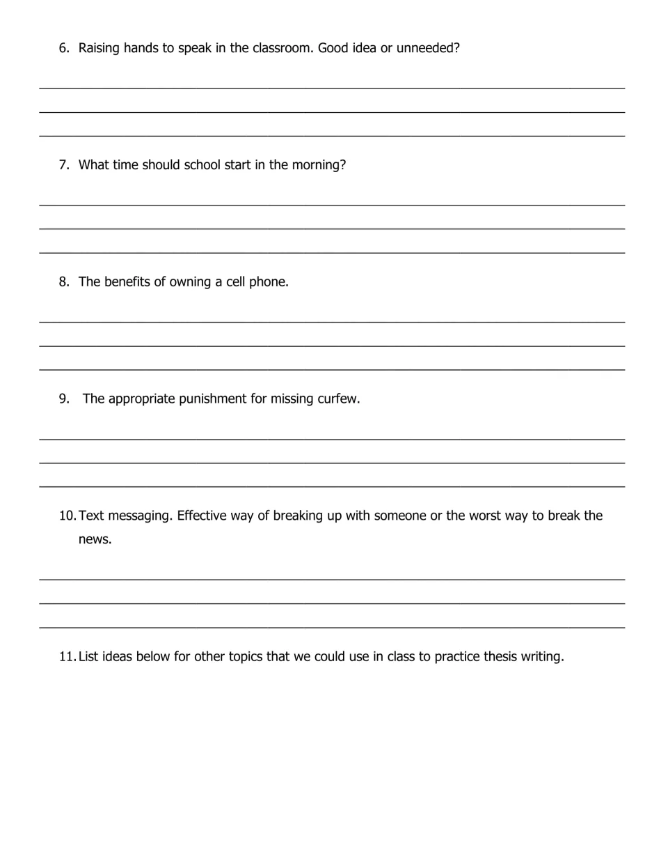 Thesis practice prompts 6–10 address classroom hand-raising, school start times, phones, curfew, and breakups