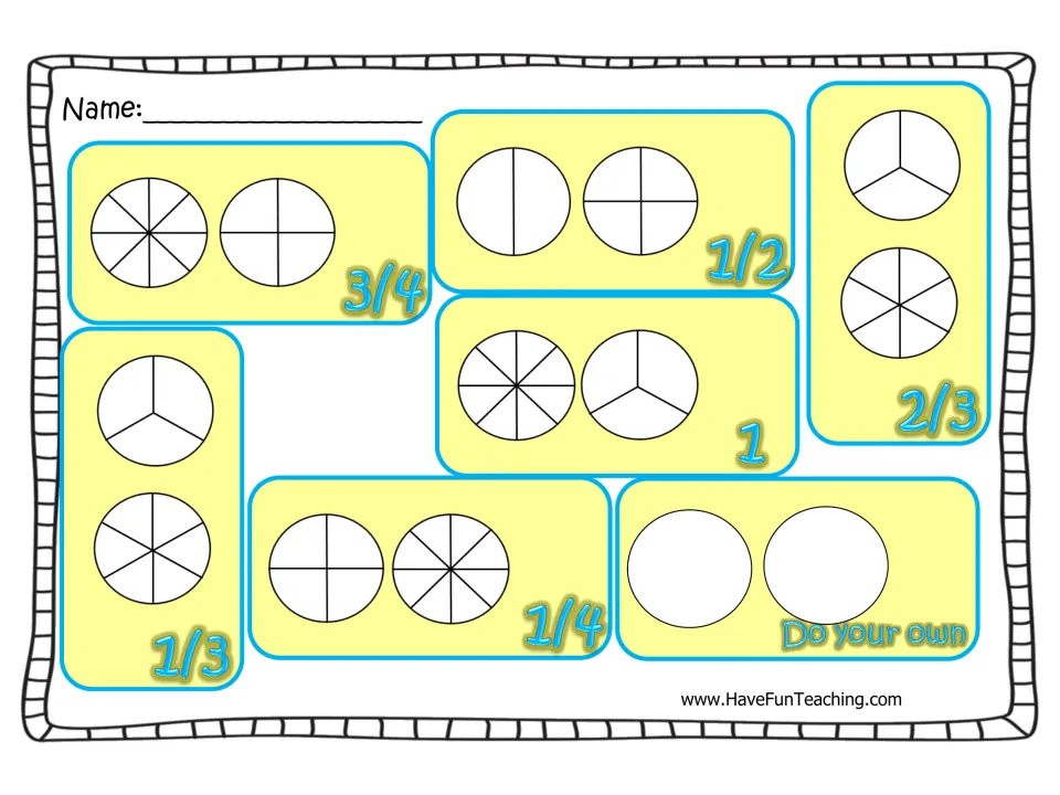 Coloring equivalent fractions: students shade circle pairs to show 3/4, 1/2, 2/3, 1, 1/3 and 1/4, then make their own