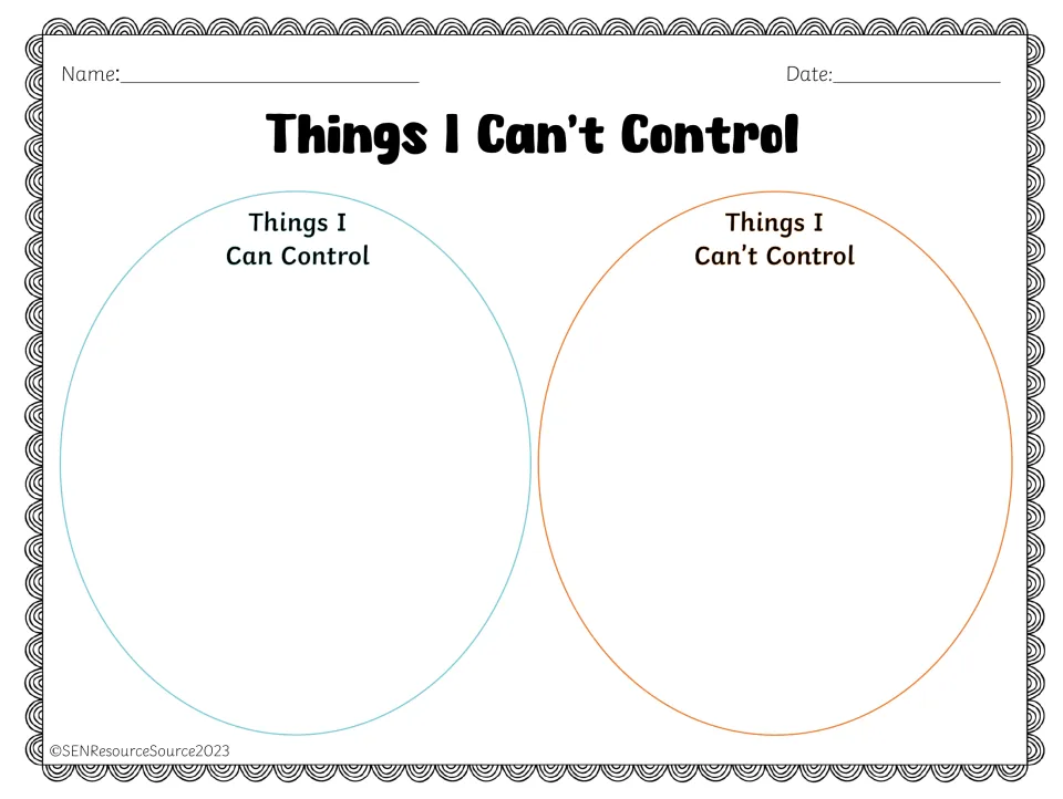 Circles of control sort mat: students place items under Things I Can Control or Things I Can't Control headings