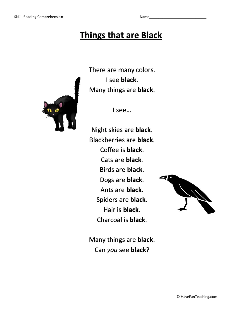 Black colors story: students read short lines naming black things like night skies, blackberries, cats, ants and charcoal