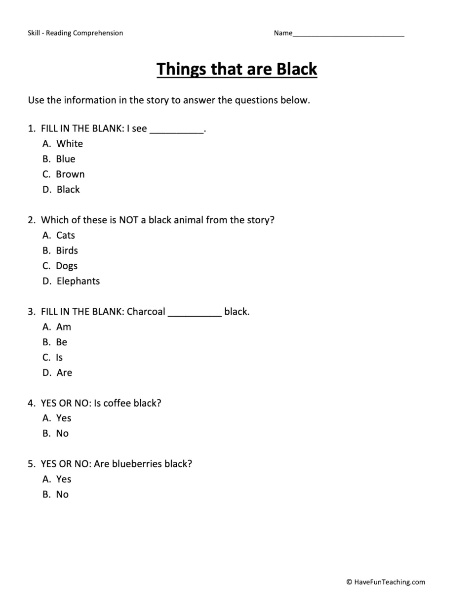 Black colors story questions: students answer 5 multiple-choice and yes/no items on black animals, charcoal and coffee