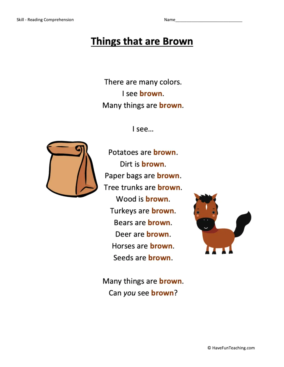 Color word story: students read short sentences naming brown things like potatoes, dirt, wood, bears and horses