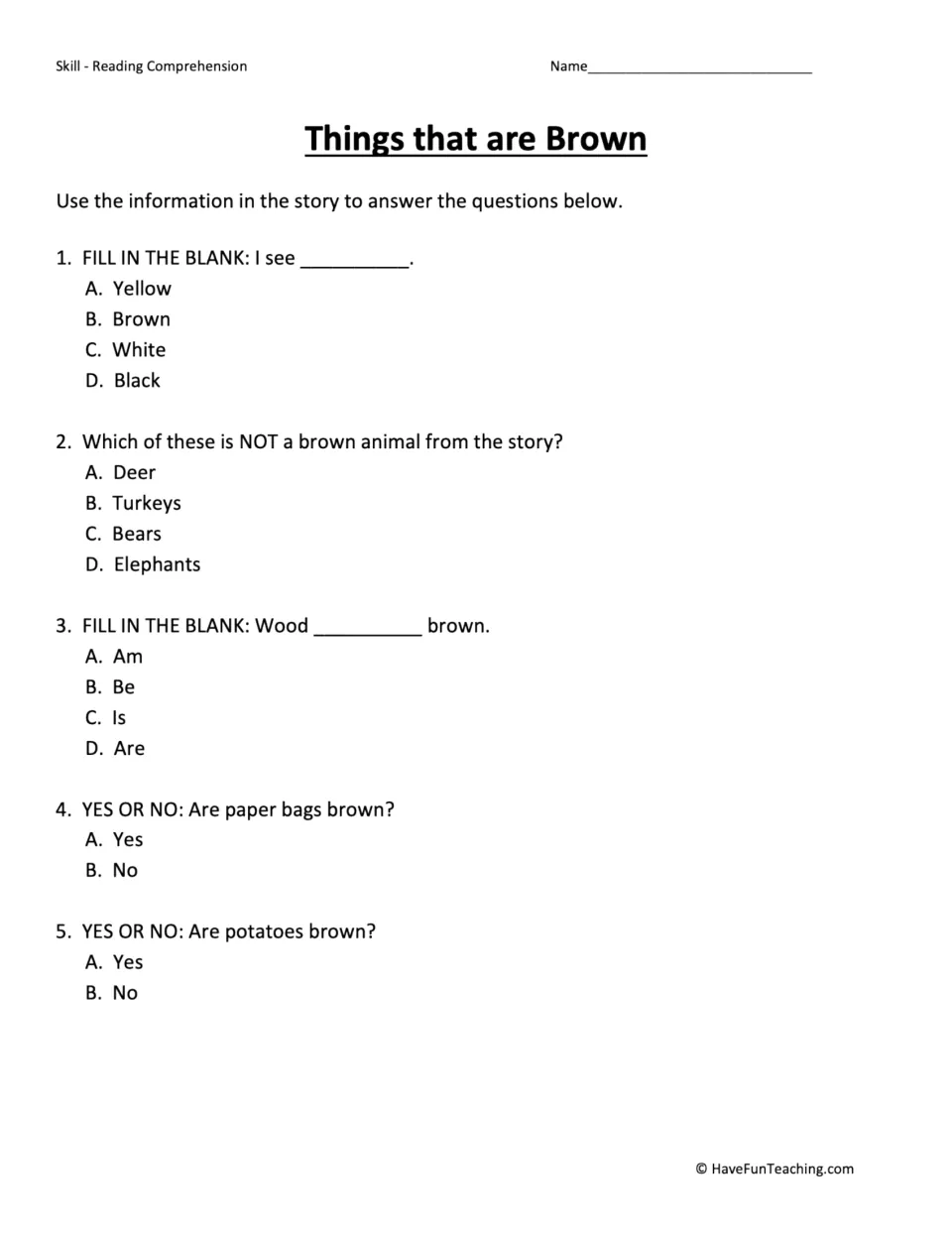 Story questions: students answer 5 multiple-choice and yes/no items about brown things, such as which animal is not brown