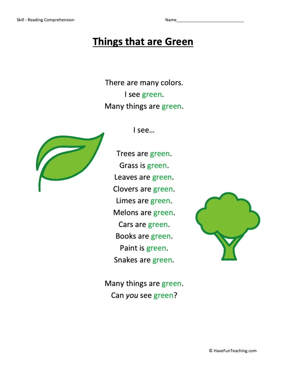Reading passage about green things: trees, grass, leaves, clovers, limes, melons, cars, books, paint, and snakes.