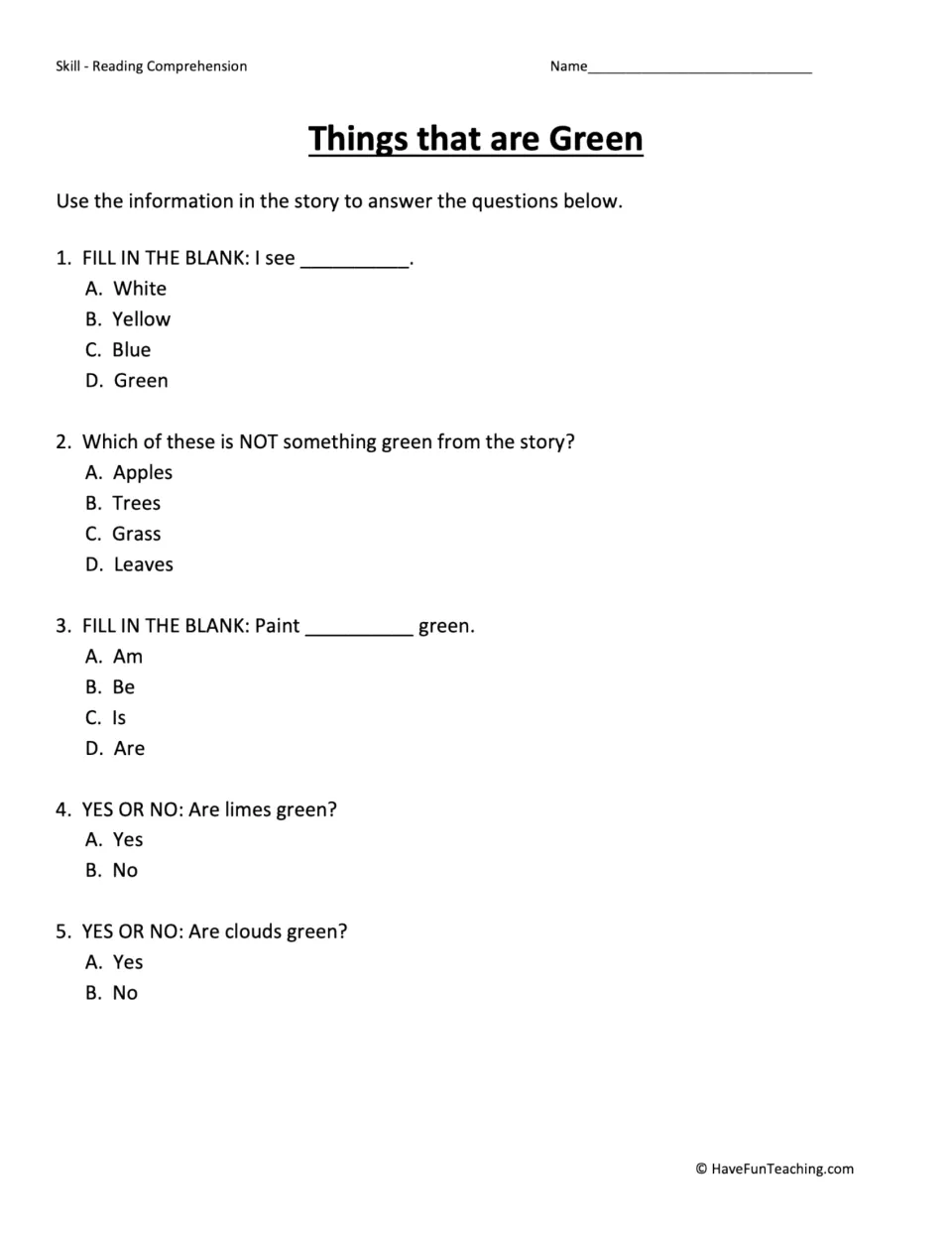 Five comprehension questions about the passage: naming the color, recalling objects, and completing a sentence.
