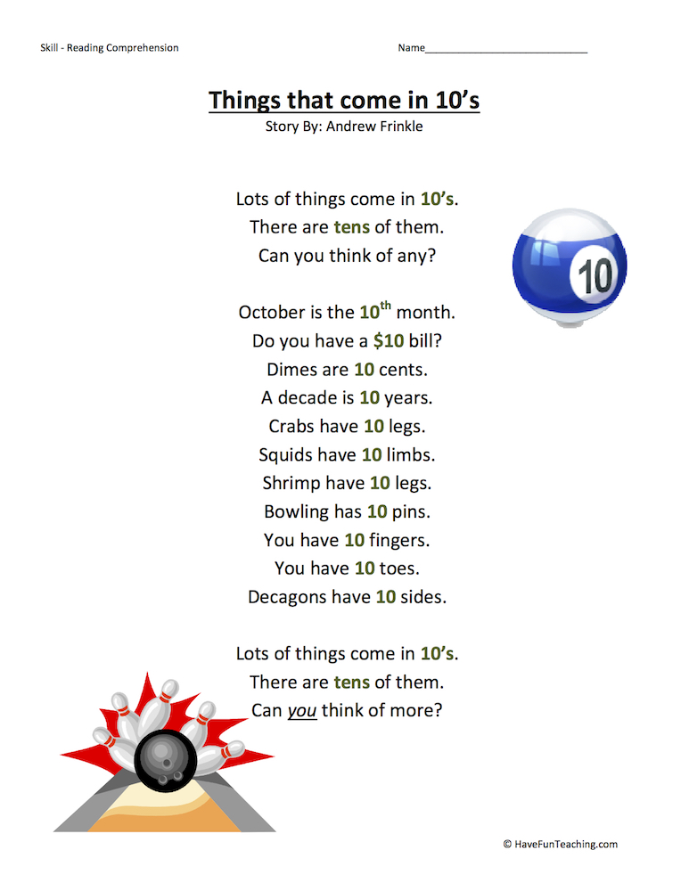 Things that come in 10s Reading Comprehension Worksheet by Teach Simple