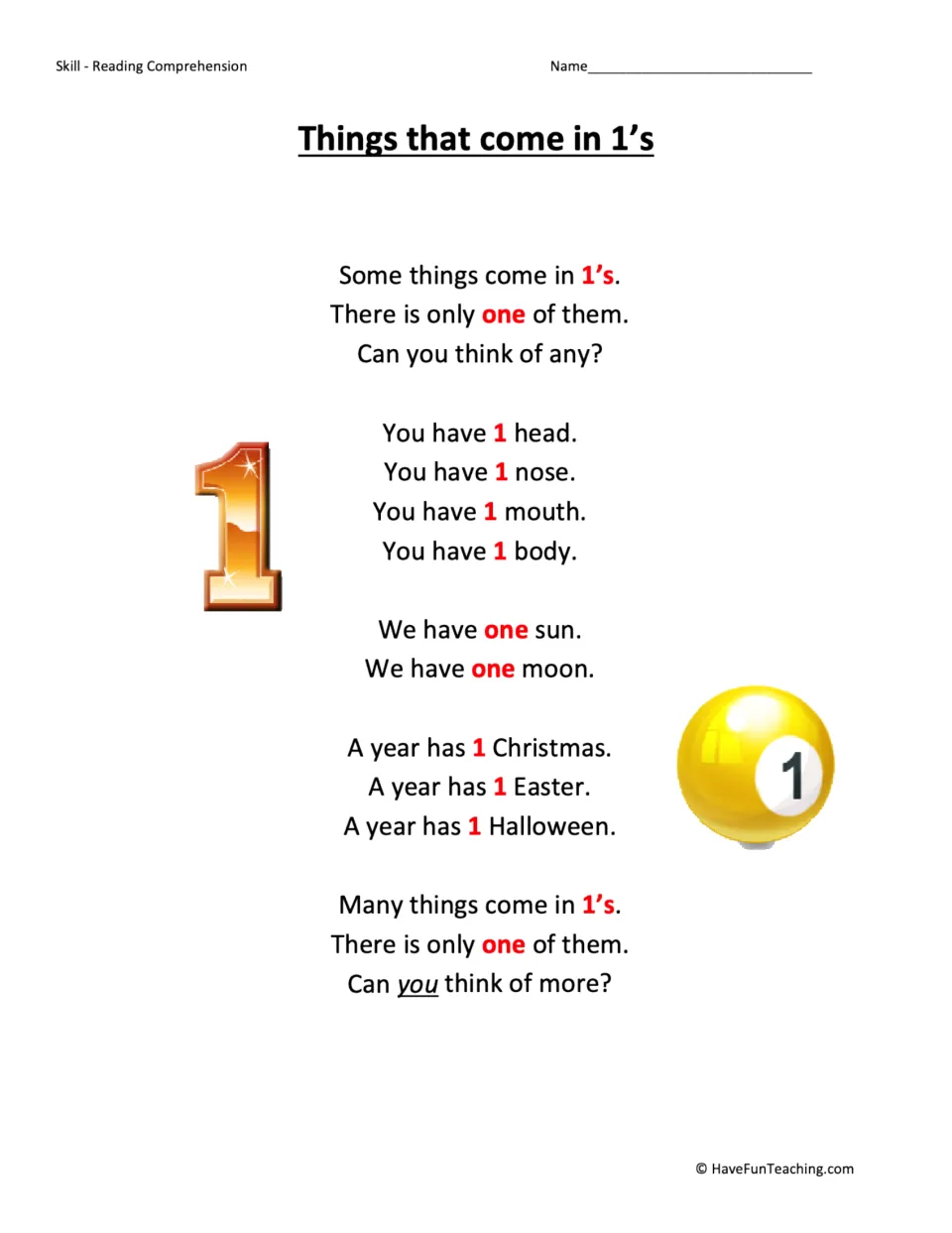 Reading passage about things that come in ones: one head, nose, mouth, body, sun, moon, and yearly holidays.