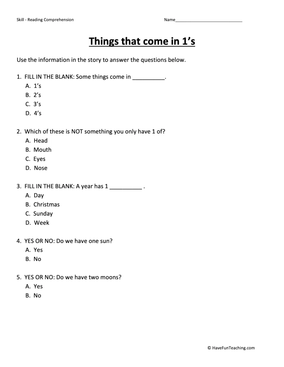 Five comprehension questions about things that come in ones, including body parts, Christmas, and the sun.