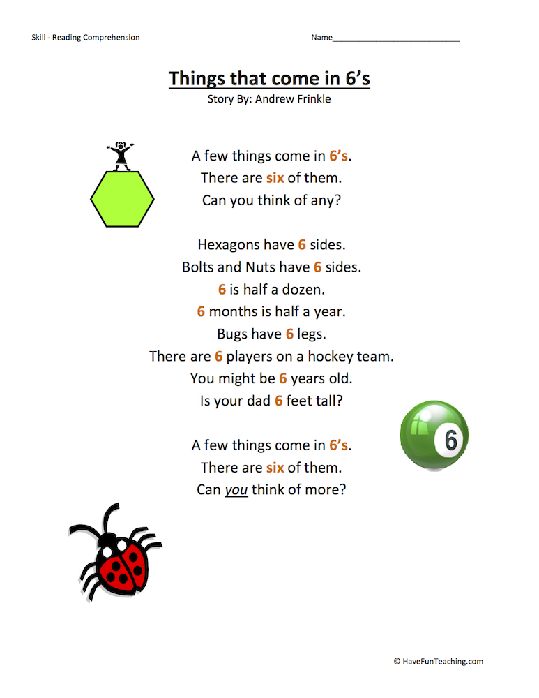 Things that come in 6s Reading Comprehension Worksheet teaching resource preview