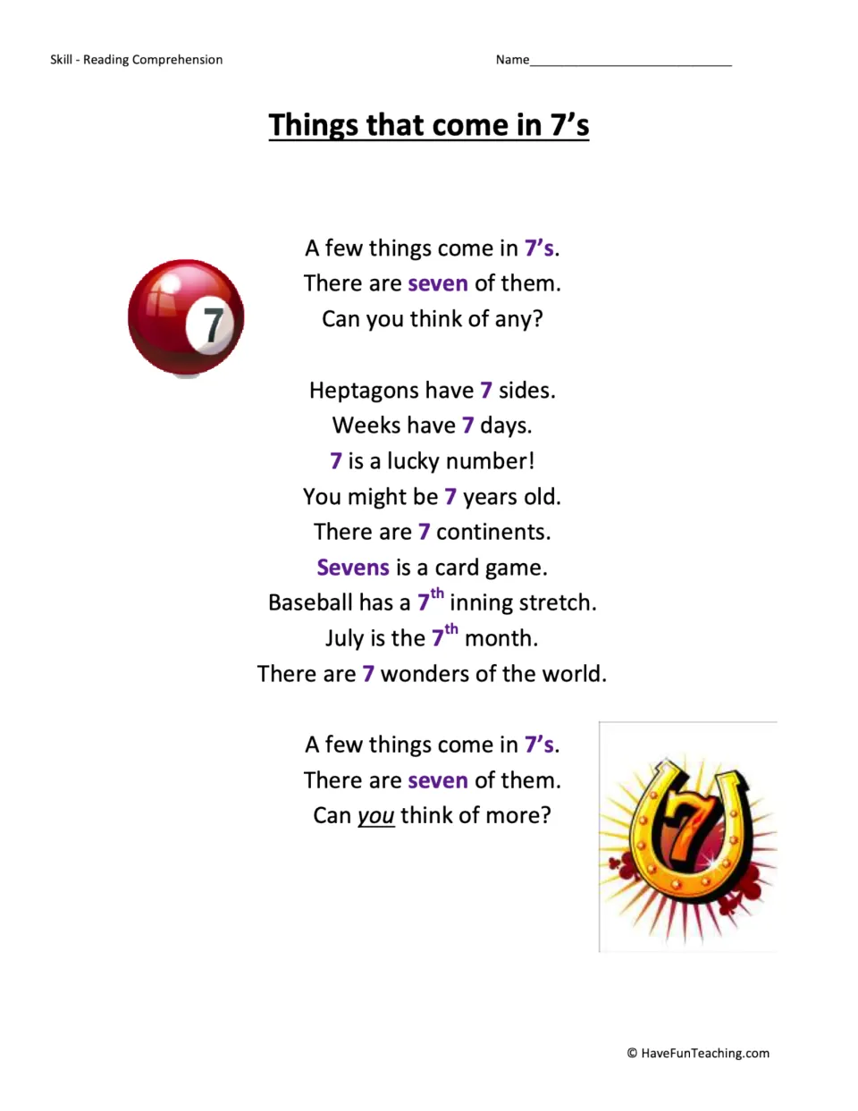 Poem about sevens: students read lines on heptagon sides, days in a week, 7 continents, July and the 7th inning stretch