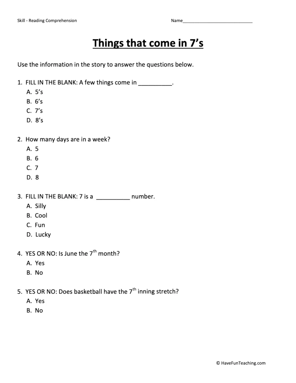 Comprehension quiz: students answer 5 multiple-choice and yes-or-no questions on days in a week, lucky 7 and the 7th month