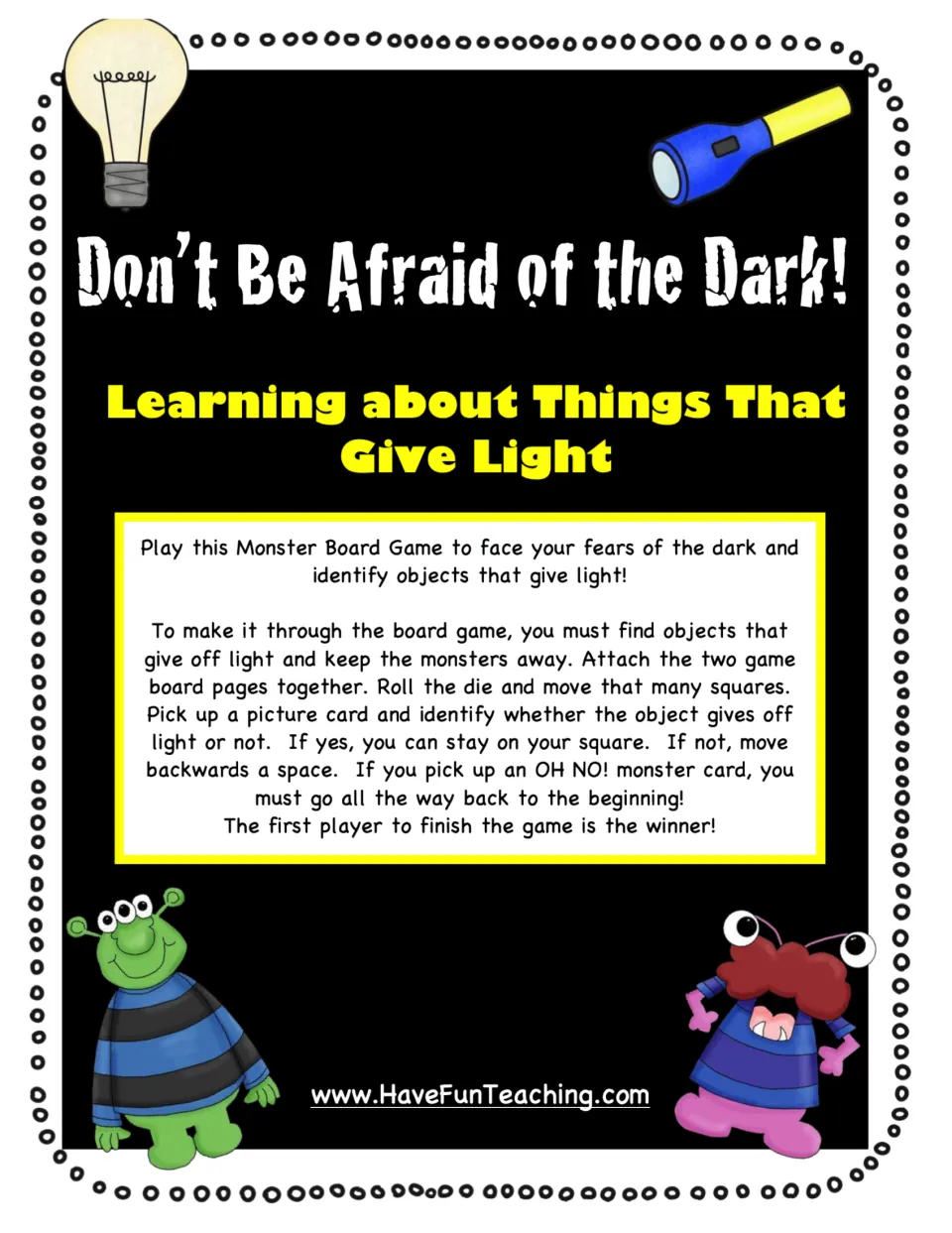 Light-identification game cover and directions: roll, move, and decide whether pictured objects give light