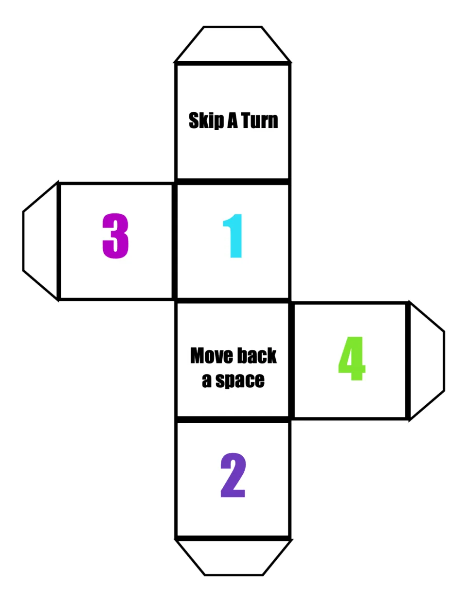 Foldable die for the light-identification game, labeled 1–4, “Skip A Turn,” and “Move back a space”