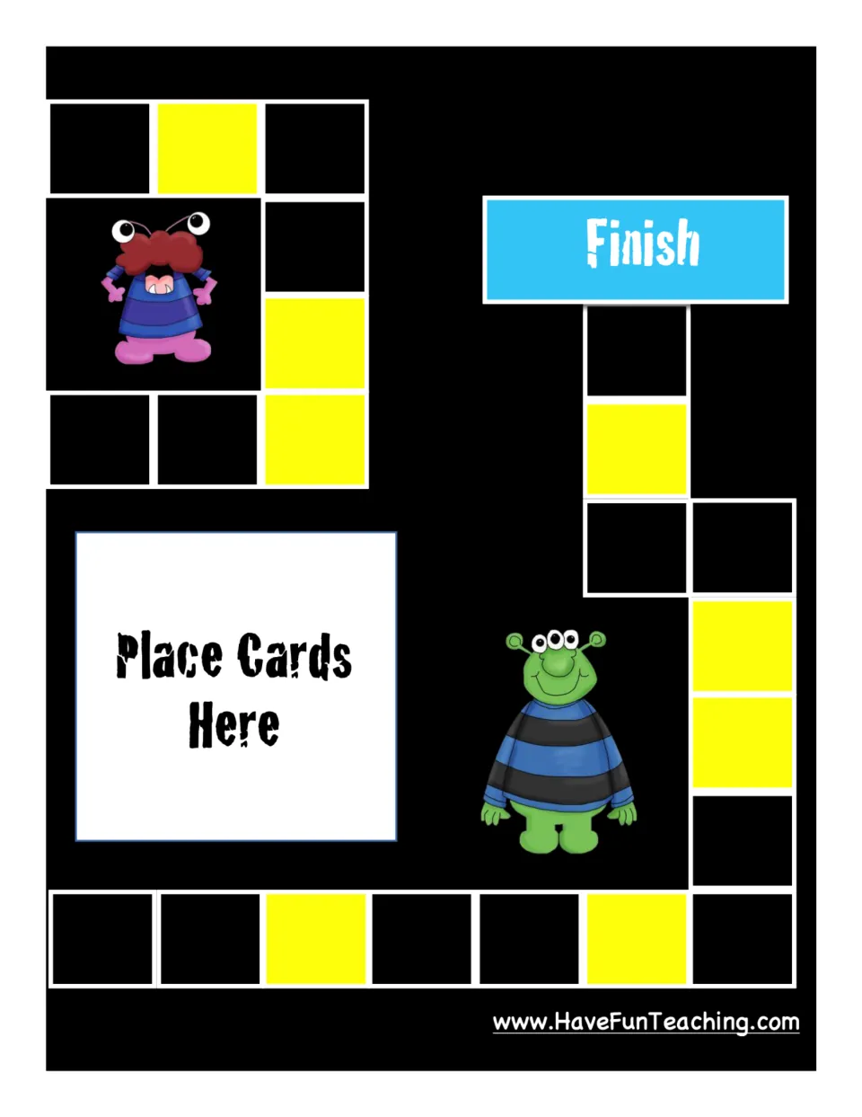 Second half of the light-identification game board, showing Finish and the “Place Cards Here” space