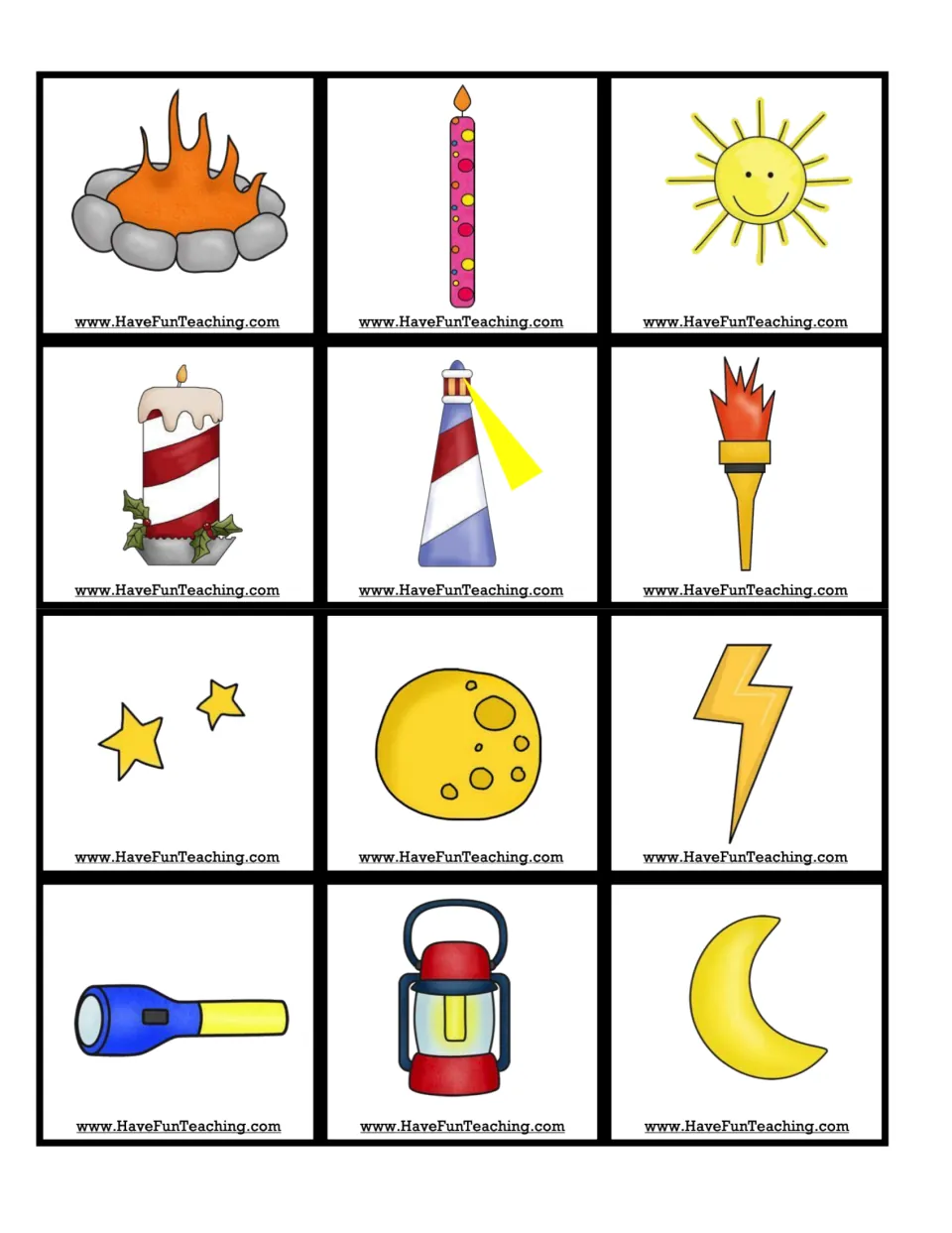 Light-identification picture cards 1–12 include a campfire, candles, sun, lighthouse, flashlight, and moons