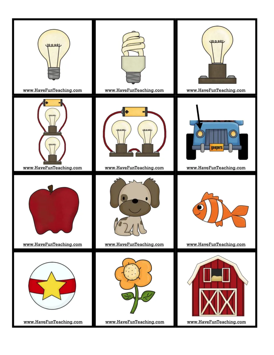 Light-identification picture cards 13–24 include bulbs, circuits, a headlight, apple, dog, fish, and barn