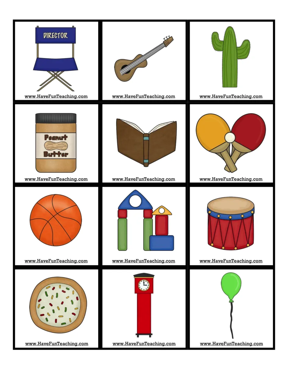 Light-identification picture cards 25–36 include a chair, guitar, cactus, book, basketball, and drum