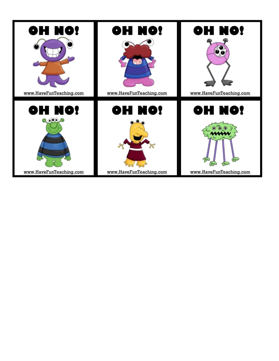Six “OH NO!” monster cards for the light-identification game send players back to the beginning