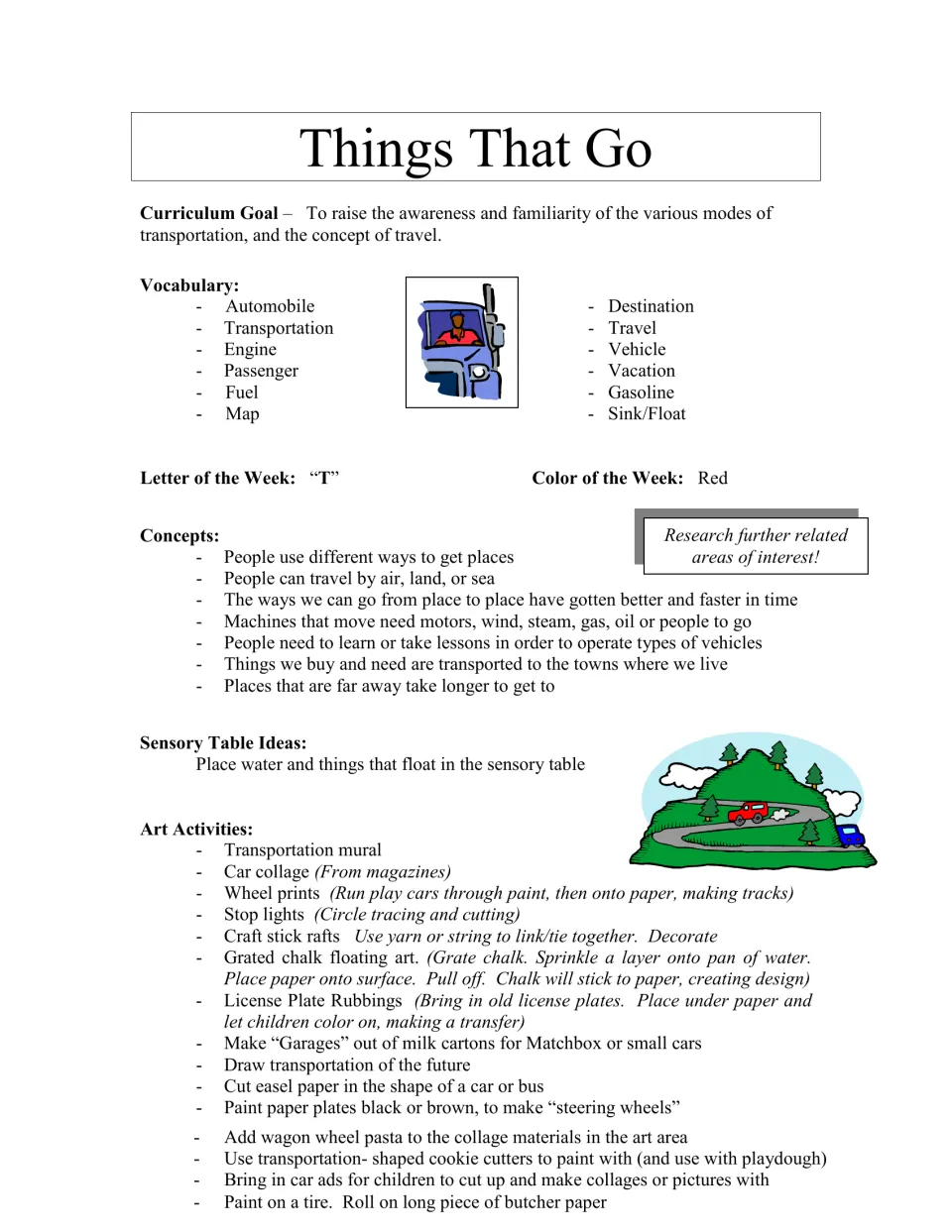Transportation curriculum overview: vocabulary, letter T, color red, concepts, sensory play, and art ideas