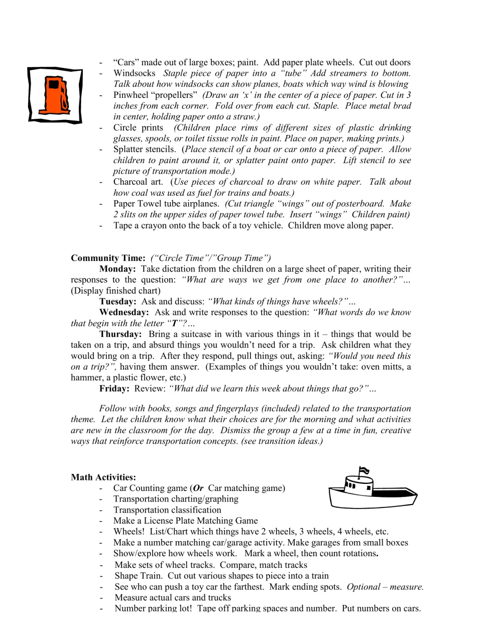 Transportation activity ideas continue with art, Monday–Friday circle time, and counting and matching games