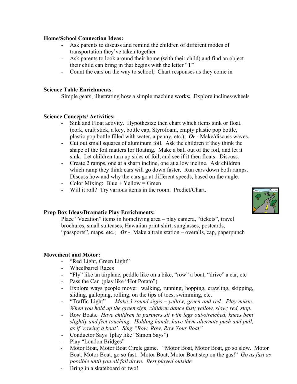 Transportation plans for home connections, sink-or-float tests, ramps, dramatic play, and movement games