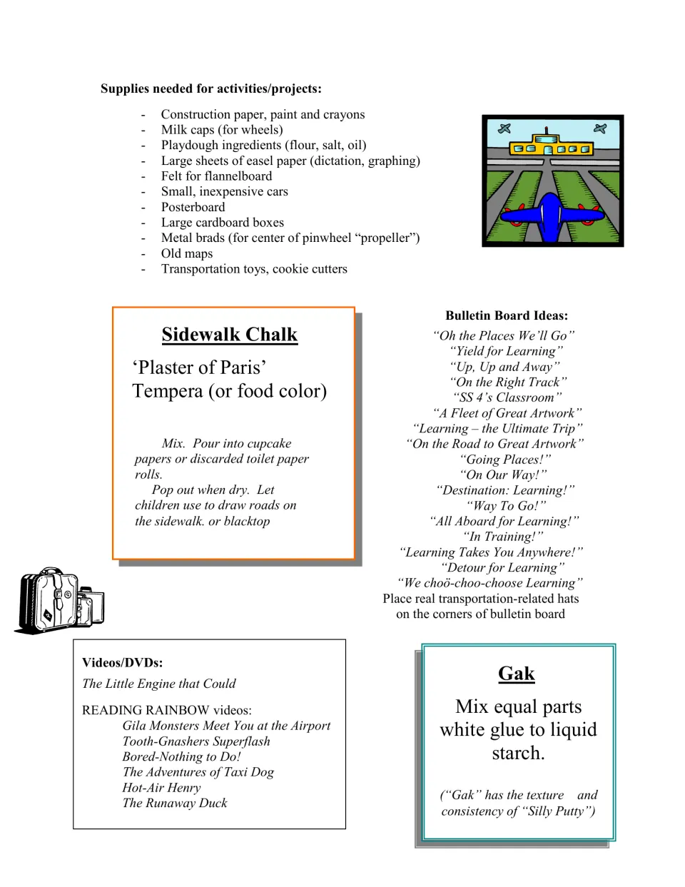 Transportation planning references include supplies, bulletin board titles, videos, and chalk and Gak recipes