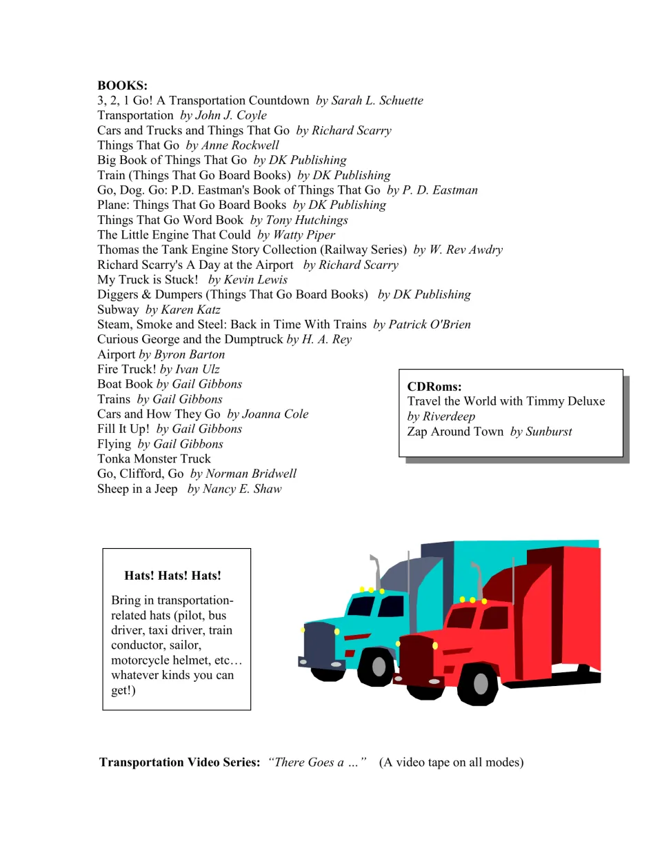Transportation reference list includes books, CD-ROMs, a video series, and hats for classroom enrichment