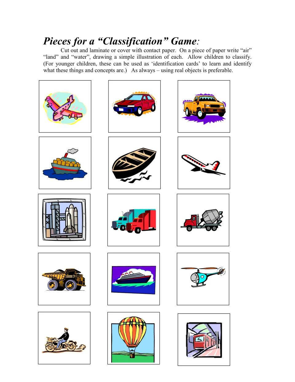 Transportation classification sheet: 15 picture cards of planes, cars, boats, trucks, and other vehicles