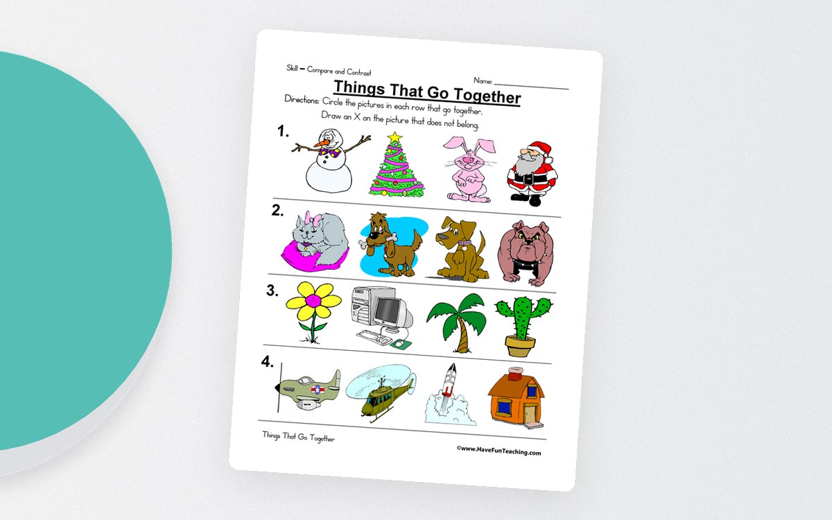 Things That Go Together Worksheet preview: Multiple rows of related picture choices