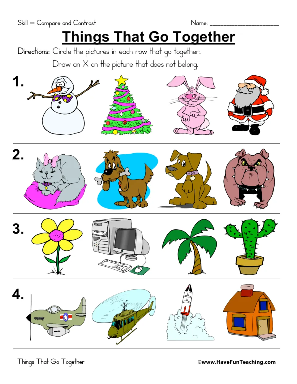 Compare and contrast: in 4 picture rows, students circle the items that go together and draw an X on the odd one out