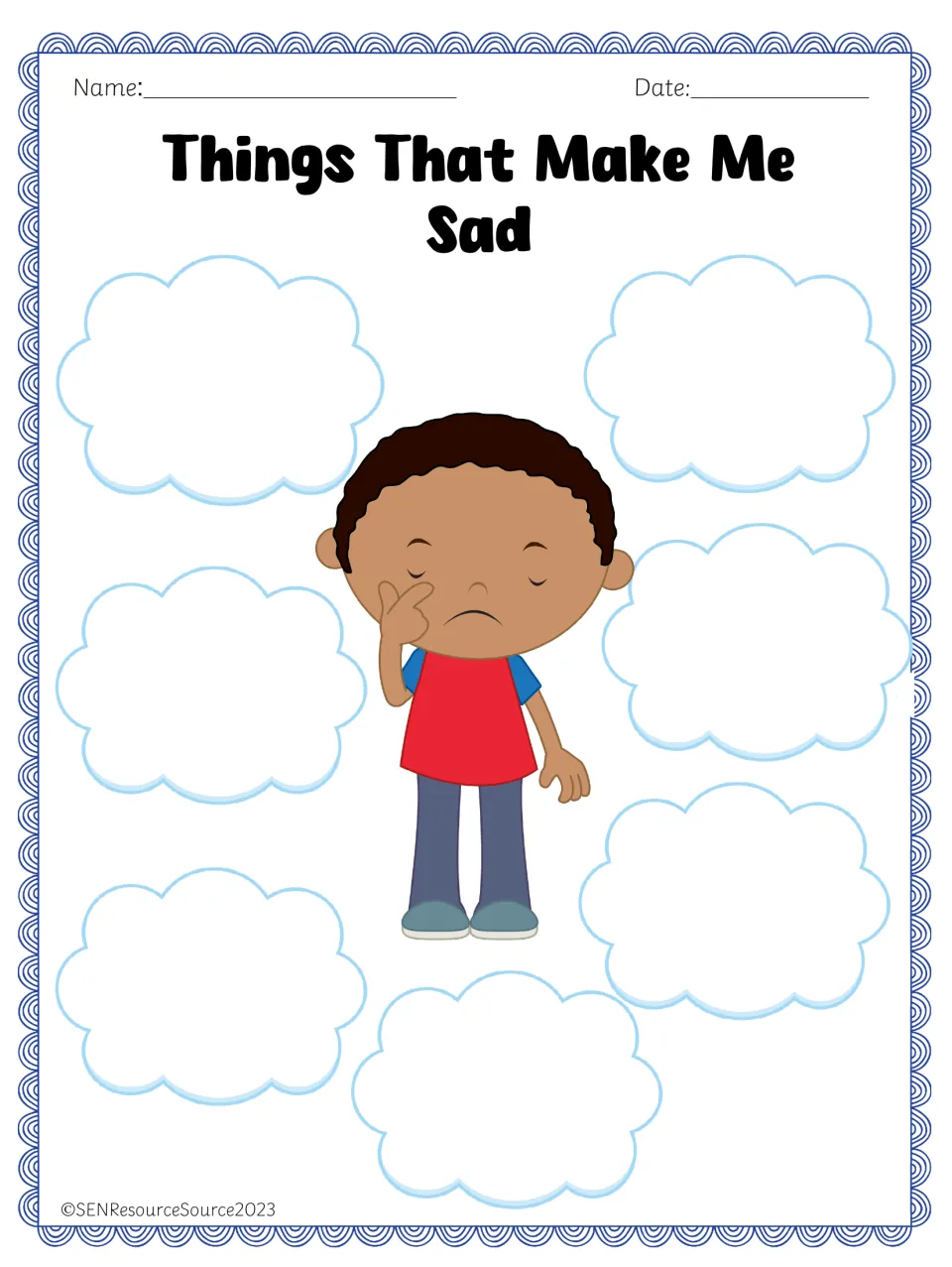 Emotion brainstorming worksheet 2: 'Things That Make Me Sad,' for identifying things that cause sadness.