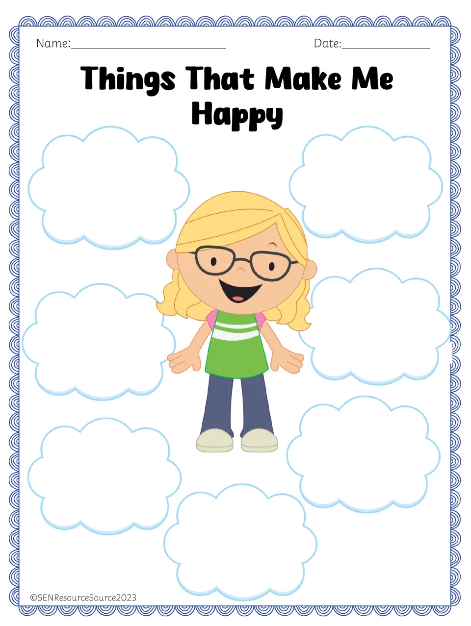 Emotion brainstorming worksheet 3: 'Things That Make Me Happy,' for identifying things that bring happiness.