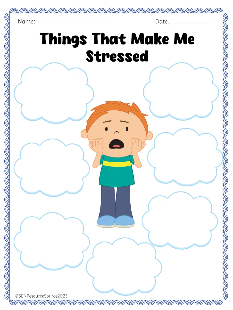 Emotion brainstorming worksheet 4: 'Things That Make Me Stressed,' for identifying things that cause stress.