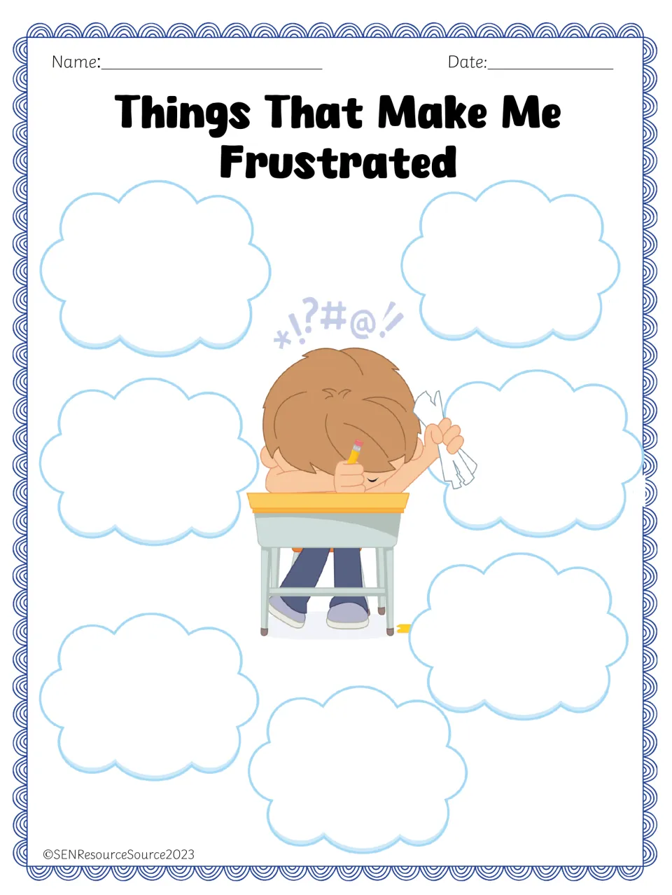 Emotion brainstorming worksheet 5: 'Things That Make Me Frustrated,' for identifying sources of frustration.