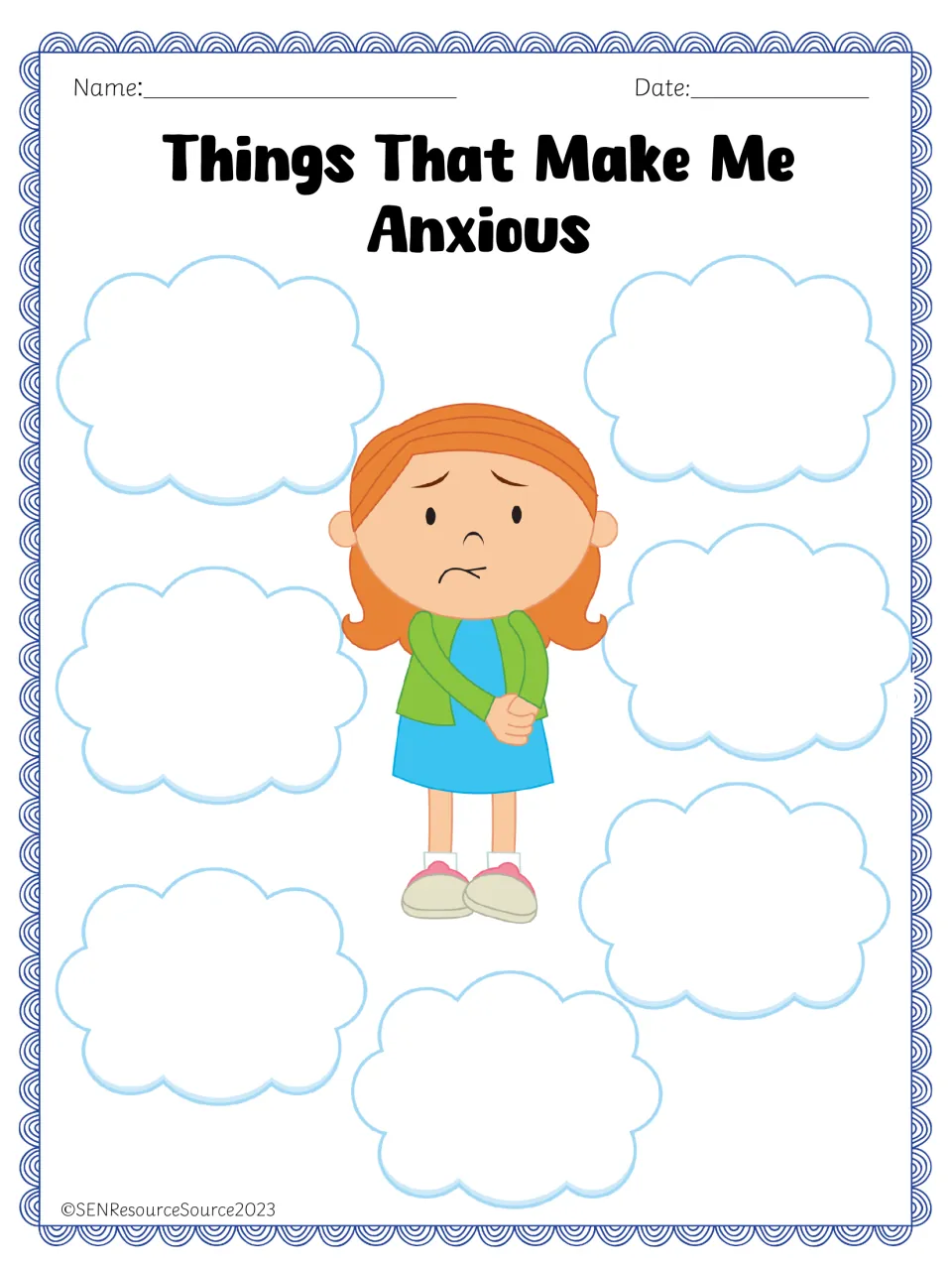 Emotion brainstorming worksheet 6: 'Things That Make Me Anxious,' for identifying things that cause anxiety.