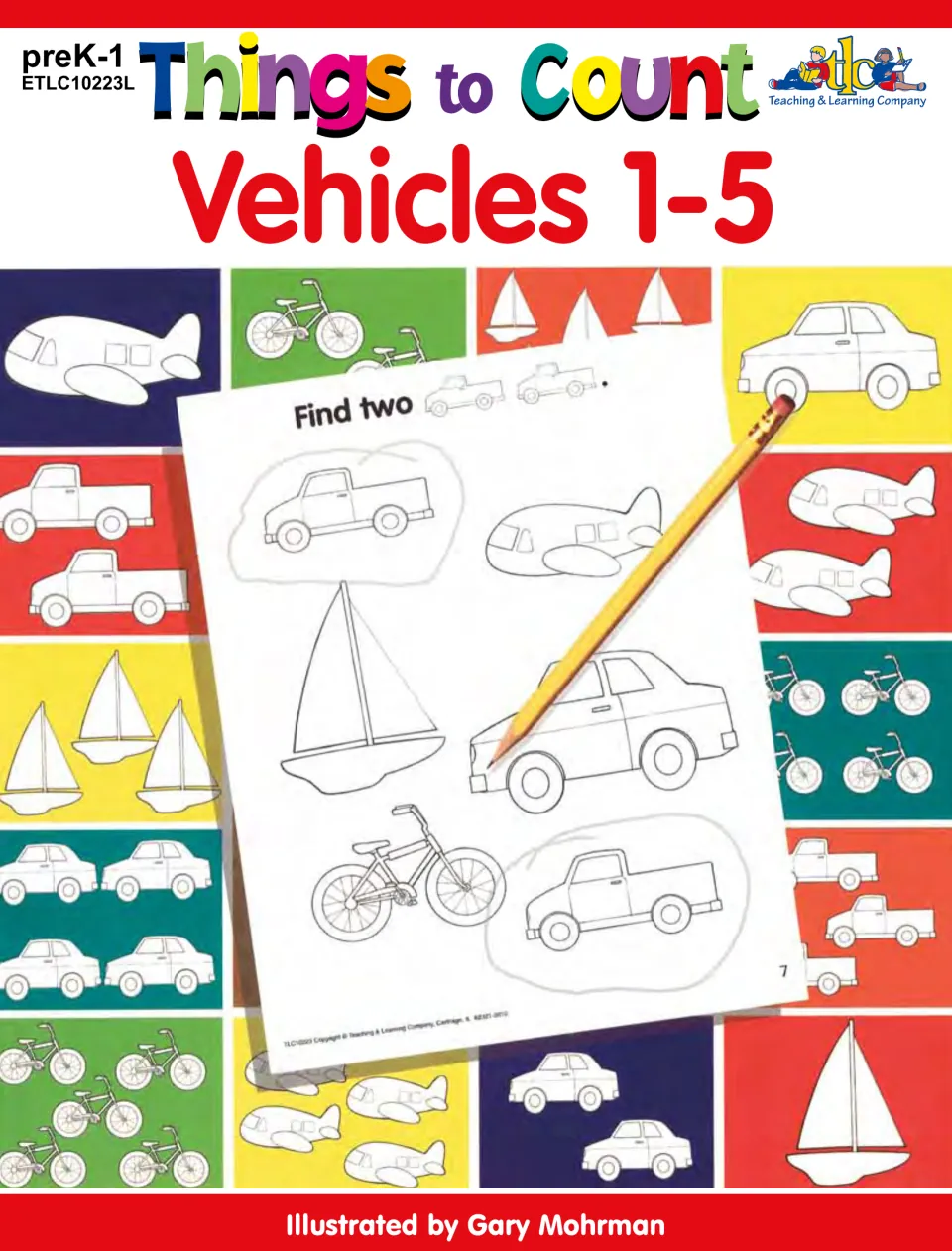 Things to Count: Vehicles 1-5 cover for preK-1 showing a Find two page with trucks circled among cars, boats and bikes