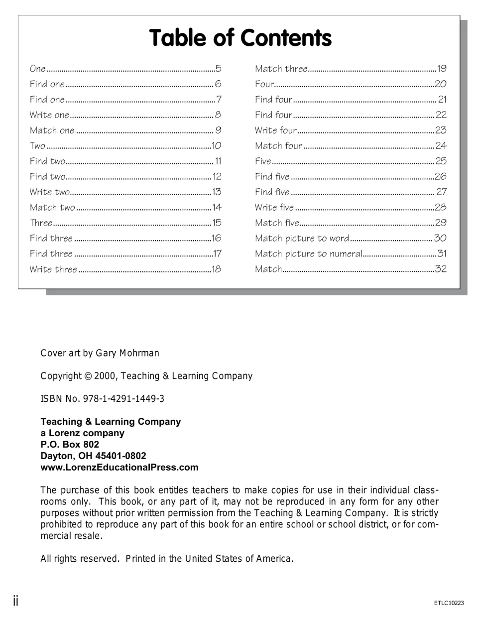 Table of contents listing One to Five pages with Find, Write and Match activities, plus copyright and copying permissions