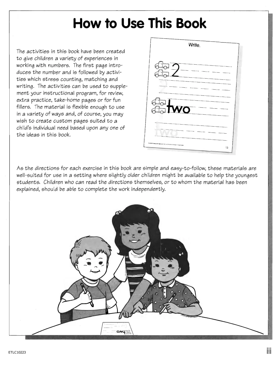 How to Use This Book: notes on counting, matching and writing activities for review or take-home, shown with a Write page