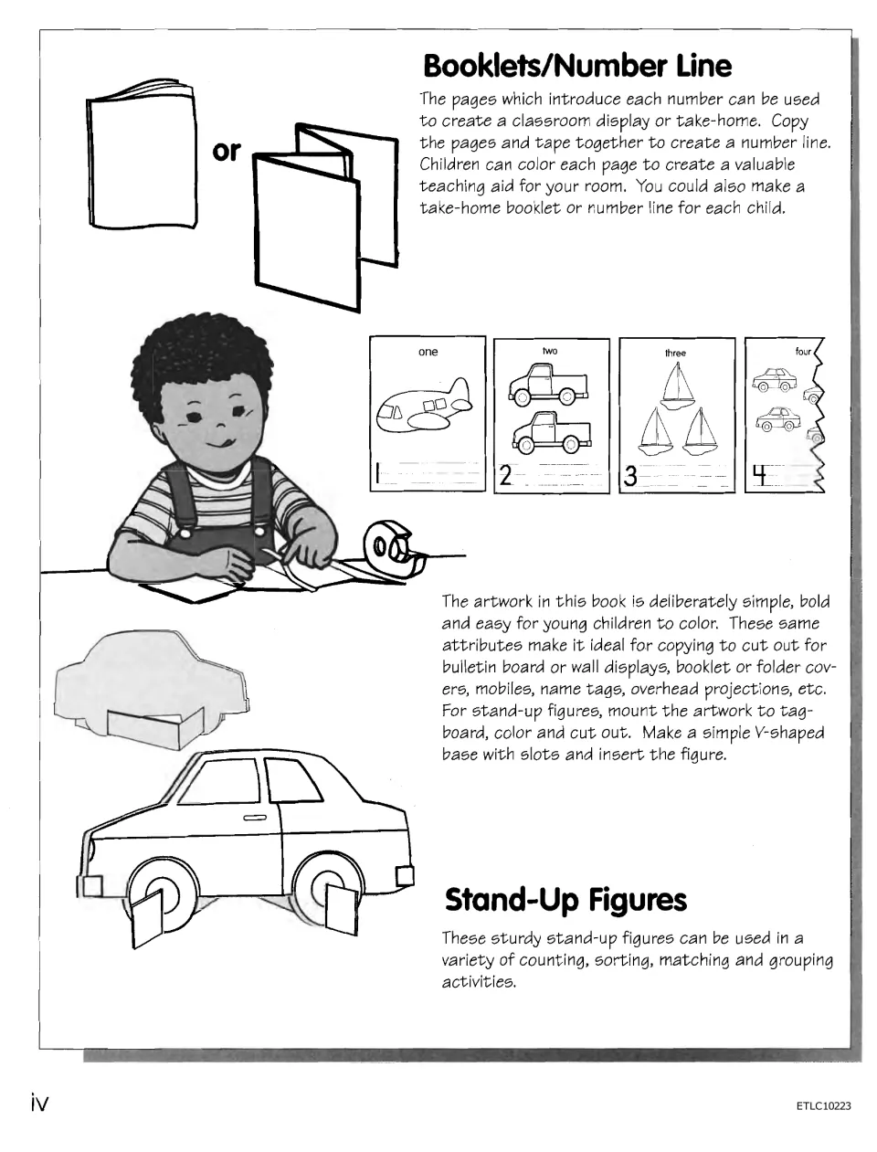 Teacher ideas: tape number pages one to four into a booklet or number line, and mount art as stand-up car figures