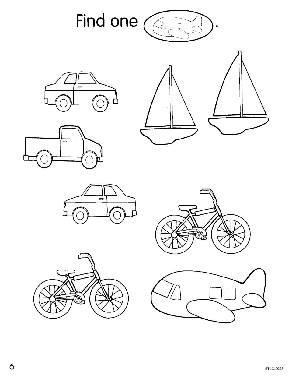 Find one airplane: students circle the single plane among cars, a pickup truck, two sailboats and two bicycles