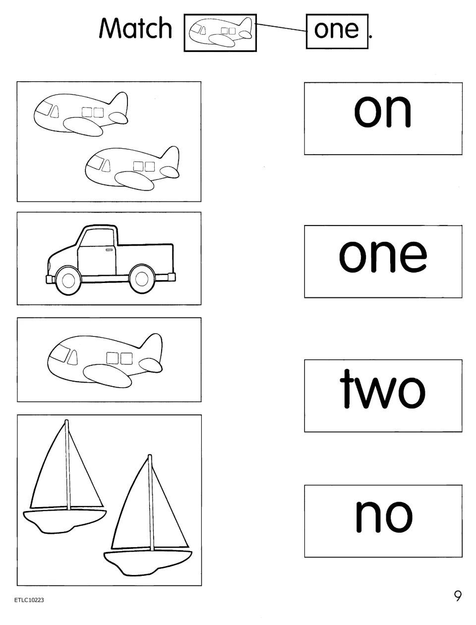 Match one: students draw a line from the single airplane to the word one, choosing among on, one, two and no