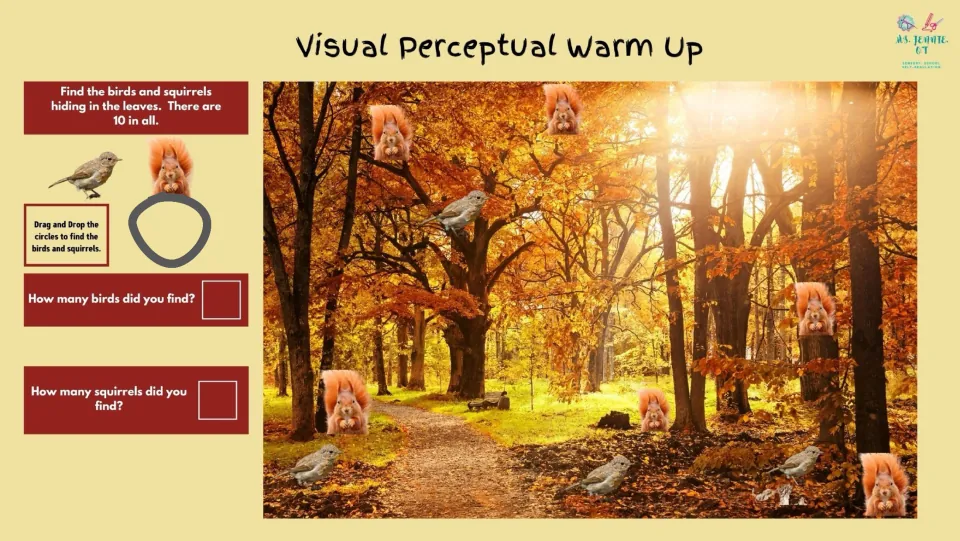 Visual perceptual warm-up asks students to find and count 10 birds and squirrels hidden in an autumn forest.