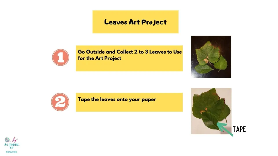 Leaf art project steps 1–2 ask students to collect two or three leaves outside and tape them onto paper.