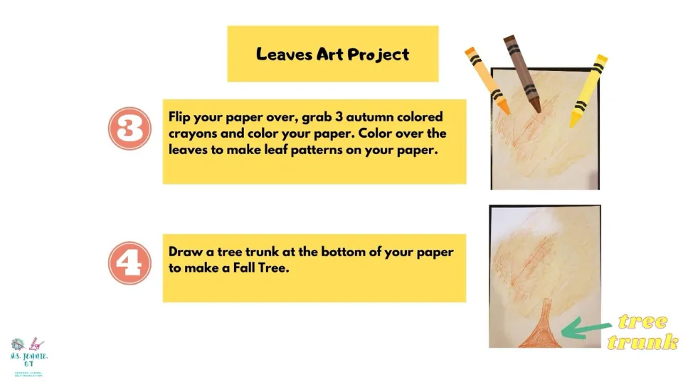 Leaf art project steps 3–4 use three autumn-colored crayons for leaf rubbings, then add a tree trunk.