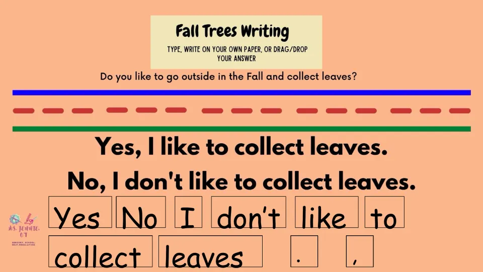Fall Trees Writing asks whether students like collecting leaves, with yes/no model sentences and movable words.