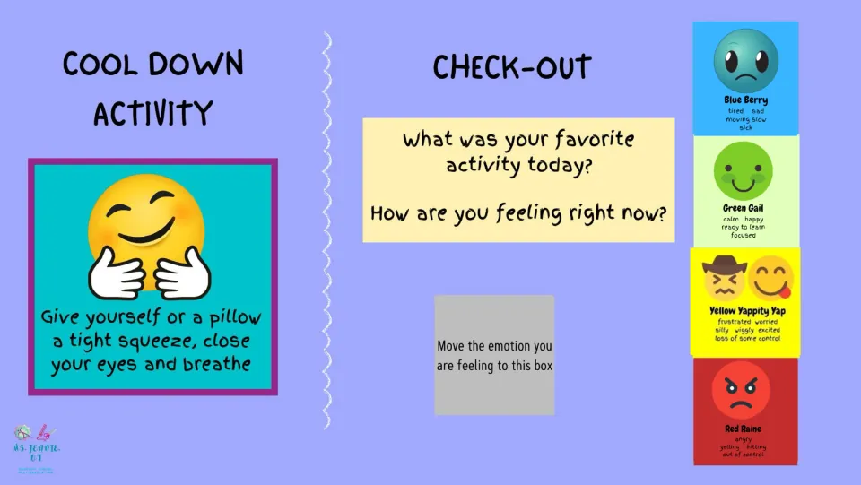 Cooldown asks students to squeeze themselves or a pillow and breathe; checkout asks about favorites and feelings.
