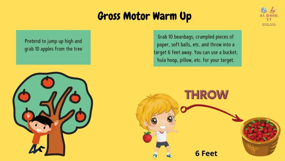 Gross motor warm-up slide directs students to pretend to pick 10 apples and throw 10 objects at a target 6 feet away