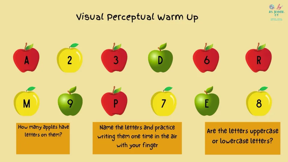 Visual perceptual warm-up uses apples labeled A, 2, 3, D, 6, R, M, 9, P, 7, E, 8 to count letters and air-write them